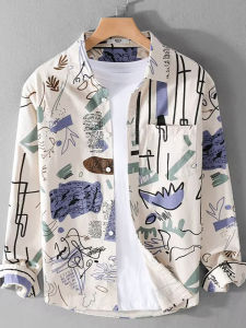 Graffiti Trendy Print Cotton Mens Shirt Loose Long Sleeve Casual Fashionable Top Autumn Wear Comfortable Oxford Fabric Shirt