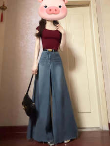 กางเกงยีนส์ทรงหลวมเอวสูงสไตล์ย้อนยุค กางเกงขายาวทรงหลวมเอวสูงสำหรับผู้หญิง ทรงหลวม ทรงหลวม กางเกงขายาวทรงหลวม