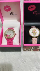 Betsey Johnson Women Fashion Watch Lips & Lipstick & Hamsa Eye Pink Crystal Accented