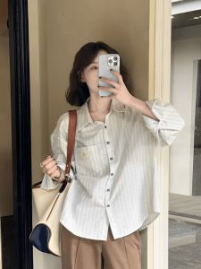 Casual Stripe Shirt Womens Jacket 2025 New Sweet Slimming Versatile Age-Defying Long Sleeve Blouse Fashionable Elegant