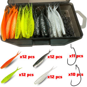 GOBAIT 70 PCS Set Soft Lure Spring Lock Fihshhook Bionic Fish 7cm V Tail Offset Worm Hook Pesca Swimbait Fishing Tackle Box Bait