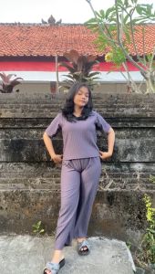 rib knit sierra set crop korean polo top and pants hornet knit premium setelan wanita