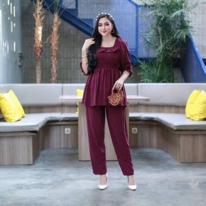 Setelan Linda Bahan Rayon Bagian Dada Karet Smok Celana Pinggang Melar 100-110Cm Panjang Celana 90Cm