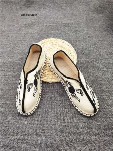 Mens Linen Slip-On Shoes Breathable Comfortable Yunnan Ethnic Style Flat Head Design Daily Wear Low Heel TPR Outsole