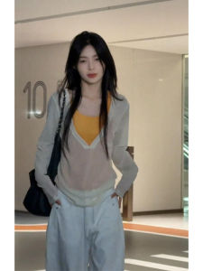 YUEZHONGWEI | White V-Neck Ice Silk Knitted Cover Up Women Summer Thin Outerwear Orange Neck Hanging Strap Two-Piece Set Commute Style Korean Fit