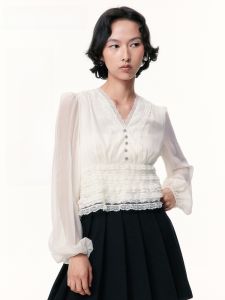 TAMMY TANGS | Sugar Power Light Luxury Series Summer New Long Sleeve Lace Trim Silk Gored Womens Top Sweet Style Zipper Splice V-neck Short