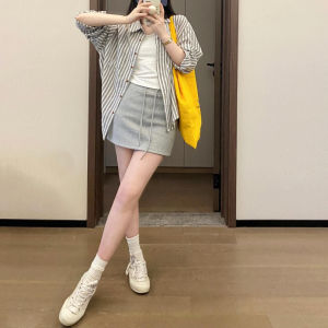 Gray A-Line Mini Skirt Womens plus Size High Waist Bodycon Slimming Drawstring Korean Style Casual Short Skirt Pants