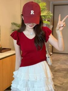 Áo Thun Tay Ngắn Dệt Kim Ngọt Ngào Cay Nồng Cổ Chữ V Cho Nữ Mùa Hè Cao Cấp Thanh Lịch Eo Nhỏ Bằng Lụa Băng Vai Thường