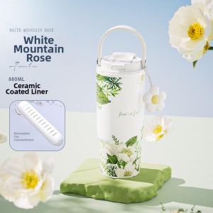 Large Aesthetic Straw Thermos Ceramic Lining