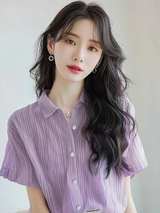 French Style Fashionable Single Breasted Polo Shirt in Deep Purple Short Sleeve Loose Fit Unique Shirt for Women