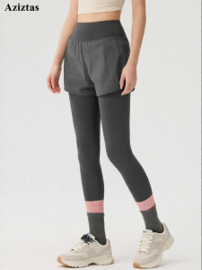 aziztas | High Waist Lifting Hips Buttocks Covering Fake Two Pieces Yoga Pants