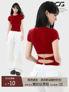 American Style Short Sleeve T-Shirt Women Summer Slim Fit Spicy Girl Hollow out Short Length Top round Neck Commute Simple Style