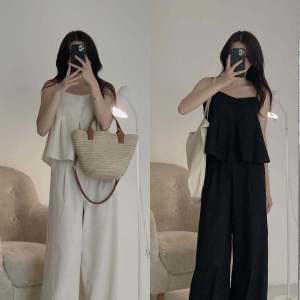 Bộ Đồ Hai Mảnh Thời Trang Mùa Hè Cho Nữ Áo Ba Lỗ Không Tay Và Quần Ống Rộng Cạp Cao Màu Trơn Giản Dị Thường Ngày