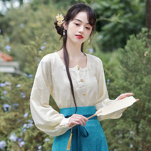 Womens Hanfu Shirt Long Sleeve Chicken Heart Collar Traditional Chinese Style New National Fashion Button up Polyester Fiber