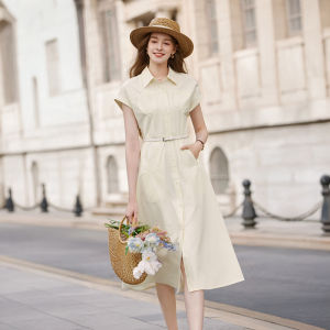 XIANGYING | Đầm Đi Làm Pháp Tay Ngắn Nút Đơn Accent Waist