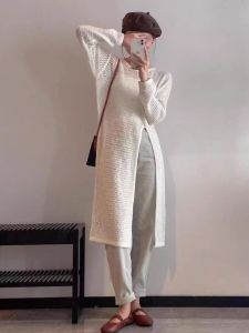 Summer Hollow out Knitted Long Loose Thin over Shirt Sun Protection Top Layering Dress Opening Hollow Neck Design Polyester Fiber