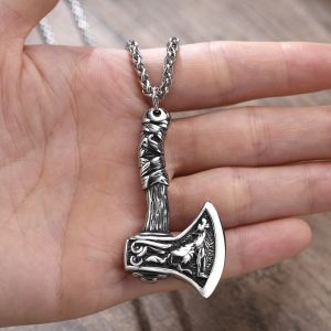 Kemstone Viking Axe Steel Pendant Necklace Retro Grey Mens Gothic Jewelry Gift
