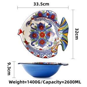 OMK American Style Hand-painted Underglaze Ceramic Salad Bowl Fish Shape Fruit Plate Large Capacity Service Bowl Home Decoration