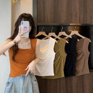 Plus Size Ruched Stylish Square Collar Vest Camisole Womens Summer Sweet and Spicy Style Outwear Silm Short Sleeveless Tops