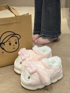 Cute Thickened Cotton Slippers Womens Indoor Home Warm Plush Anti-slip Flat Heel Roman Style Youth Fashion Furry Slippers