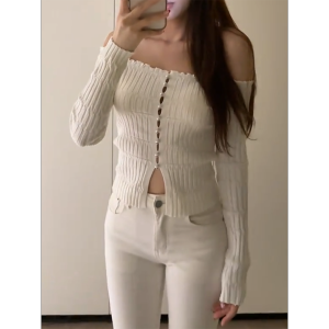 QINGNAER | One-shoulder Long Sleeve Knitwear
