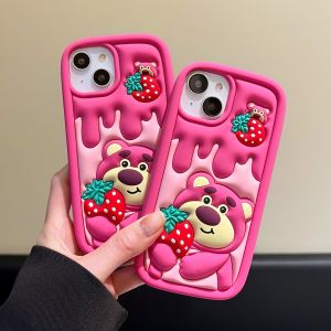 Hot: Cute Strawberry Bear Anti-drop Liquid Silicone Case with Bracelet For iPhone 6 7 8 X XS XR 11 12 13 14 15 Series