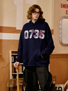 PFR AND Grid Patchwork Embroidered Hoodie Sweatshirt Loose Sporty Casual Overhead Kangaroo Pocket Youth Trend Autumn Wear