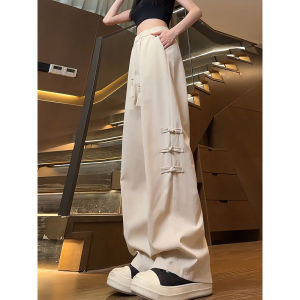 New Chinese Style Womens Pants Summer Thin Ice Silk Loose Wide Leg Large Size High Waist Straight Cut High Waist Trousers