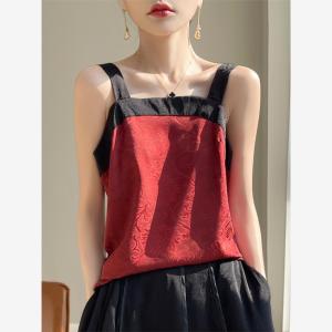 New 2025 Summer Chinese Style Strap Vest Womens Suit National Trend Base Print Color Block Satin Sleeveless T-Shirt