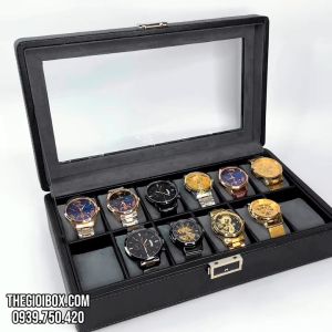 Hộp Để Đồng Hồ 12 Ngăn [Có Khóa] Vỏ Da Cao Cấp Màu Đen - Hộp Đồng Hồ 12 Chiếc Nắp Kính Nội Thất Nỉ Nhung Xám Ghi- BH 12T
