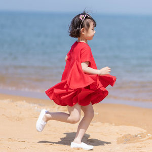 Original Little Joy Parent-Child Clothing Summer Beach Vacation Photography Girls Red Short Sleeve Mother-Daughter Dress
