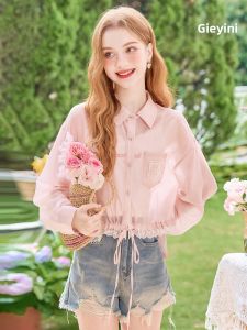 HEYINI | Áo Sơ Mi Tencel Lyocell Chống Nắng Nhẹ Phong Cách Ngắn Ren Hồng