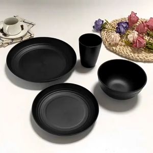 16PCS Straw Dinnerware Sets Lightweight Plastic Dinnerware Set with Plates Bowl Set for Dishwasher & Microwave