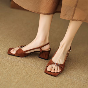 Fashionable Lady Summer New Arrival Open-Toe Slip-On Genuine Leather Sandals Korean Style Thick Heel Low Cut Pigskin Lined
