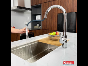 Vòi rửa bát Konox Alto Nickel dây rút xoay 360 độ nóng lạnh mạ PVD Nickel hợp kim đồng CW617N