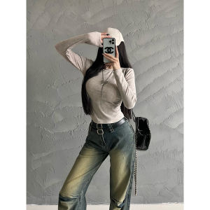 Y 141200.00G-Side Waist-Tight Slim Looking Ruched Blooming Long Sleeves T-shirt Womens New Inner Wear Stylish Bottoming Shirt Short Top