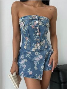 Rose Cowboy American Retro Sweet and Spicy Rose Print Denim Tube Top + Culottes Suit Versatile Two-Piece Set