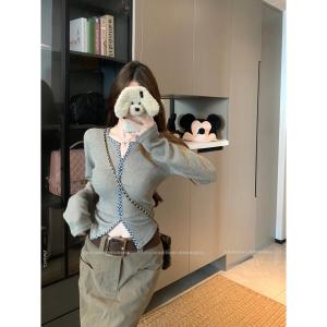 Slim Fit Plaid Knit Long Sleeve Top Womens Fashion Design Half Open Collar Autumn Style Cotton 100% Trendy Girl Design