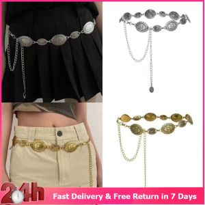 Retro Style Womens Metal Waist Chain Adjustable Decorative Circle Carved Chain Belt Accessories