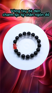 Vòng chuỗi đeo tay đá đen charm lục tự chân ngôn đỏ 8 ly và 10 ly vòng tay hạt