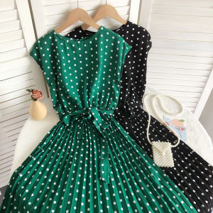 Summer Gentle French Polka Dot round Neck Sleeveless Shoelace Bows Tight Waist Slim Looking Sweet Pleated Dress Women