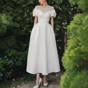 Elegant French Evening Dress for Women Short Ball Gown Style Wedding Party Performance U-Neck Polyester Long Skirt Dress