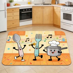 Cartoon Kitchen Floor Mat Cute Anti-slip Super Absorbent Kitchen Rug  Easy Clean Dancing Spoon Fork Pot Doormat for Home Decor