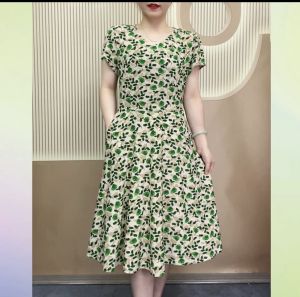 Moms Summer Dress Plus Size Mid Length Long Length Dress 4050 Middle-Aged and Elderly Womens Western Style Belly-Covering Floral Short Sleeve Skirt