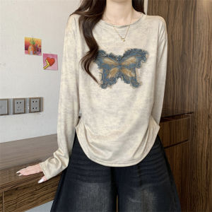 เสื้อยืดแขนยาวลายผีเสื้อสไตล์ฝรั่งเศส ทรงเข้ารูป ทรงสั้น สำหรับผู้หญิง ผ้าเดนิม ทรงลำลอง ฤดูใบไม้ร่วง 2025
