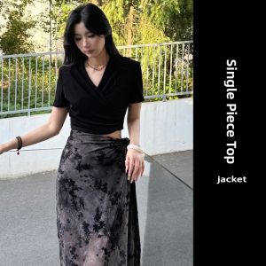 YUEZHONGWEI | French Cross Short Sleeve V-neck T-shirt Women Summer Unique Beautiful Waist-cinching Slimming Short Style Commute Fashion