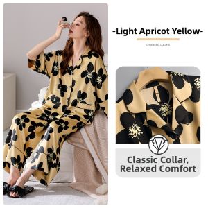 JIALEFEN | Summer Silk-like Lounge Set Short Sleeve with Long Pants