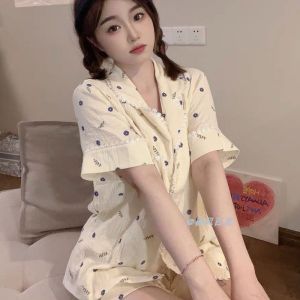 Summer Floral Print Short Sleeve Sleepwear Set Womens Sweet Style Home Clothes Korean Version Cute Student Pyjama Ensemble