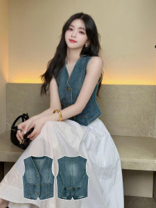 Retro Thin Sleeveless Denim Vest Womens Outerwear Summer Fashion Back Strap Jacket Top Cotton Polyester Regenerated Fiber
