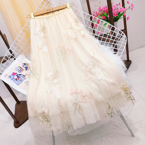 กระโปรงทรงเอเอวสูงปักลูกไม้เนื้อหนาสำหรับผู้หญิง ฤดูใบไม้ผลิและฤดูร้อน 2025 กระโปรงทรงเอยาวปานกลางสไตล์นางฟ้าใหม่